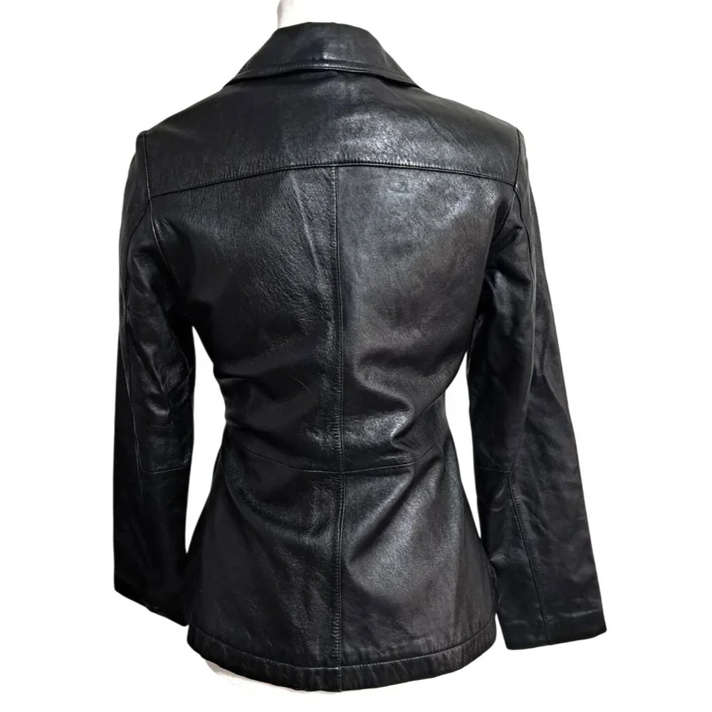 Vintage 1990s Wilsons Leather Maxima Womens XS Black Fitted Blazer Jacket - Picture 6 of 12